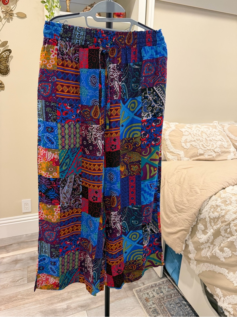 Colorful Patchwork Wide-Leg Pants - Blue Multi